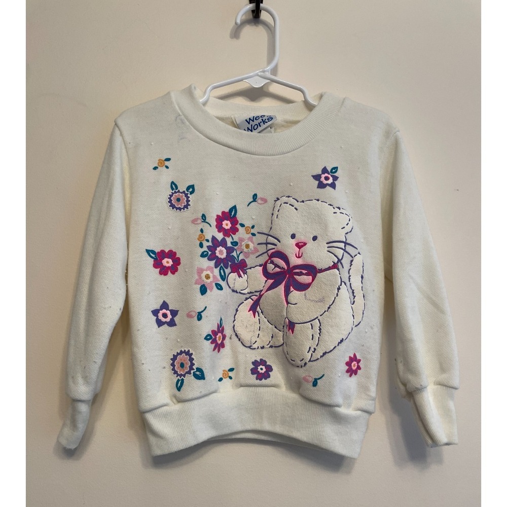 Vintage Wee Works Cat Sweatshirt Toddler Size 4 White Puffy Flowers Bow USA Flaw